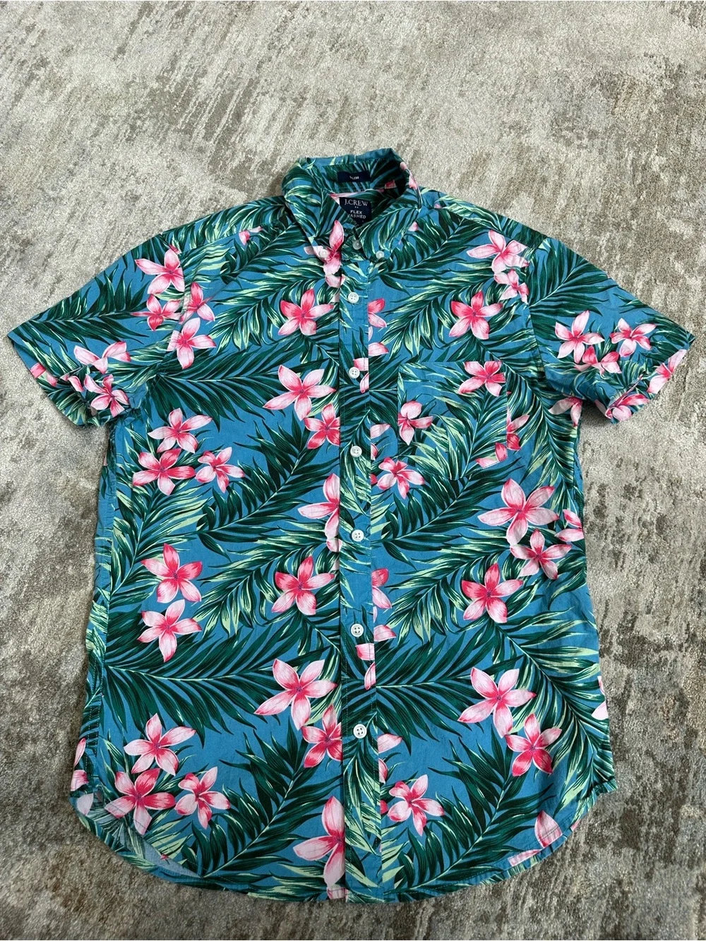 J. Crew Teal Blue Tropical Floral Short-Sleeve Button-Down Shirt