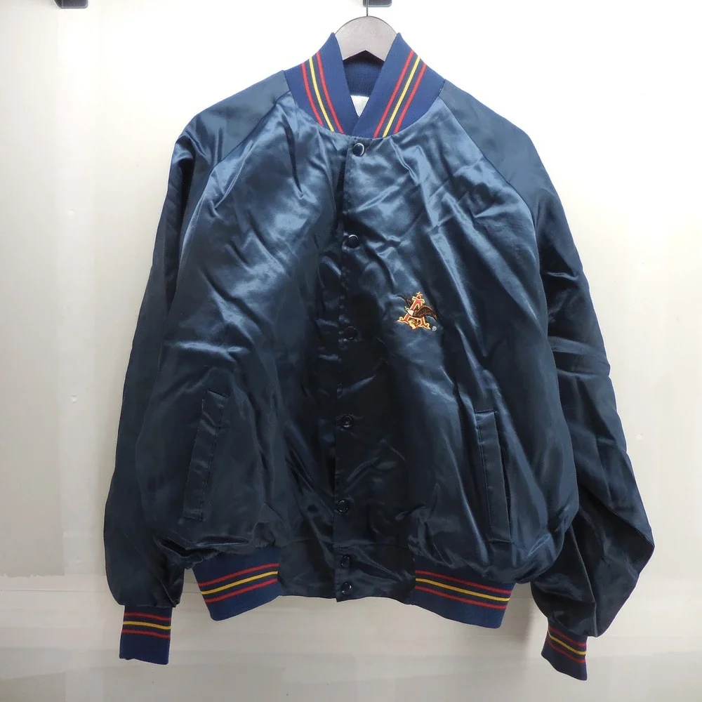 Vintage Anheuser Busch Budweiser Satin Bomber Jacket Navy Blue XL Made USA 80s