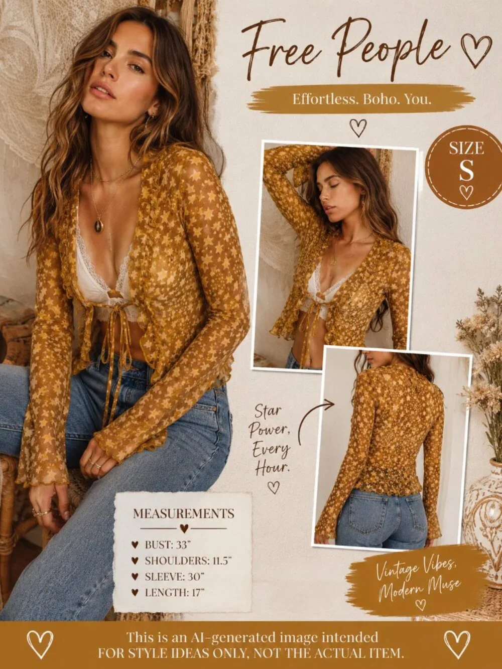 Free People Star Print Mesh Tie Front Ruffle Cardigan XS Boho Y2K