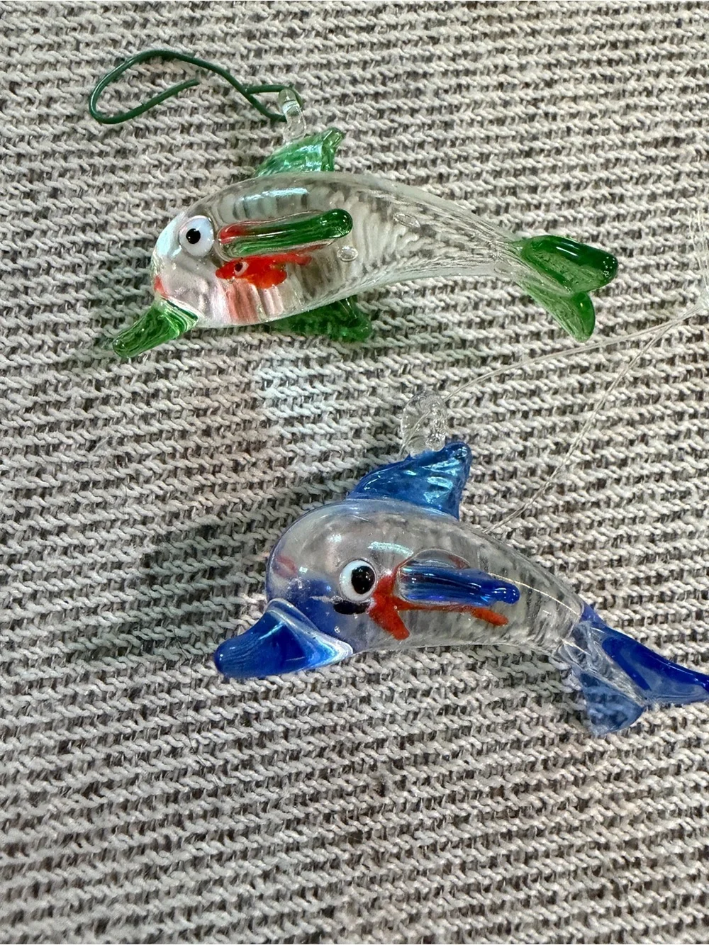 Glass Dolphin Ornament - Green and Blue Decorative Fish set of 2