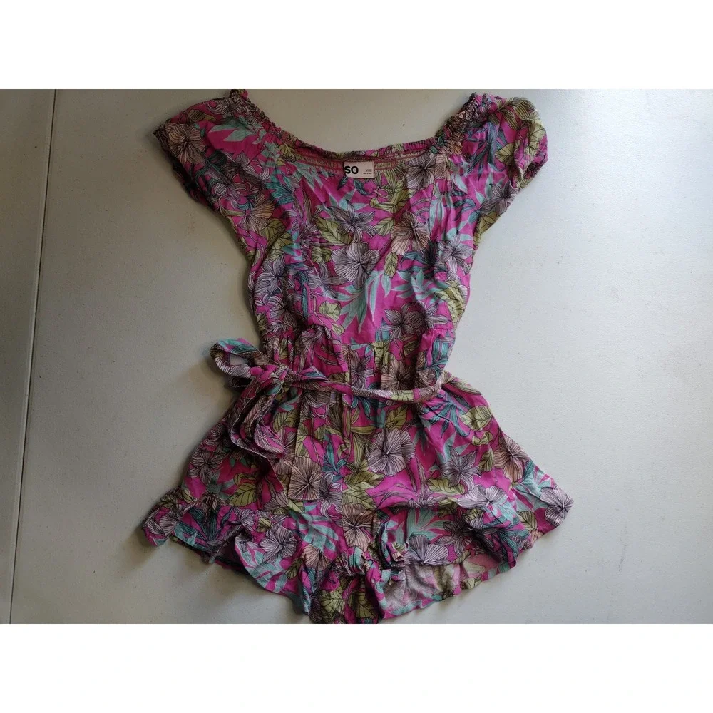 SO Girls Floral Off Shoulder Romper Shorts Ruffle Tie Waist Kids Size M 8‎