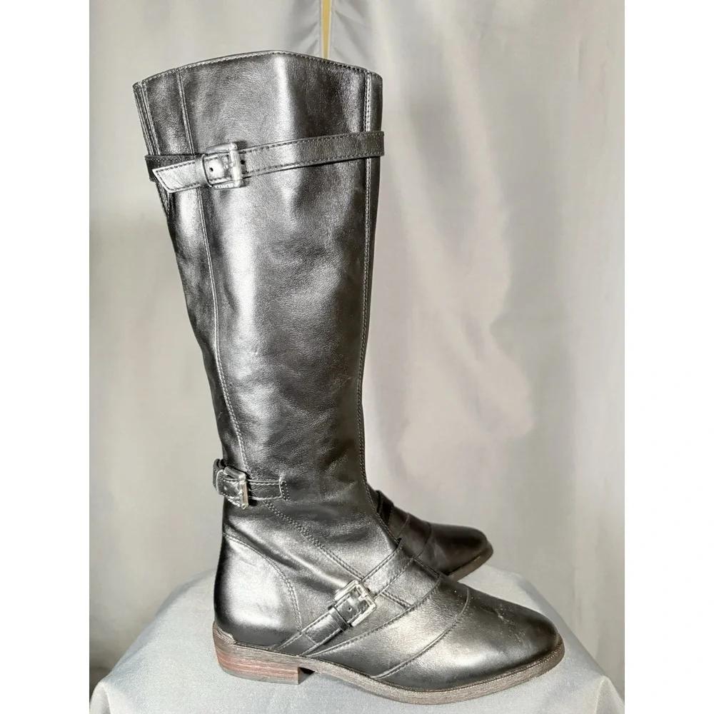 COACH Micha Black Leather Riding Boots Knee High Buckle Straps Size 8 B EUC