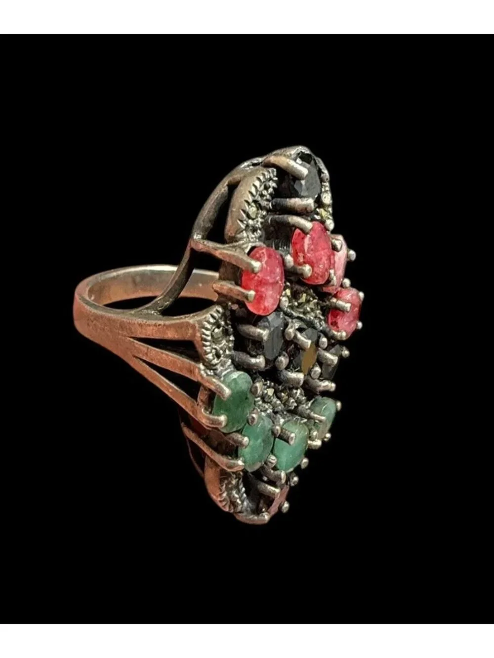 Vintage 925 Art Deco Marcasite Ring Multi Gemstone Ruby Emerald Sapphire