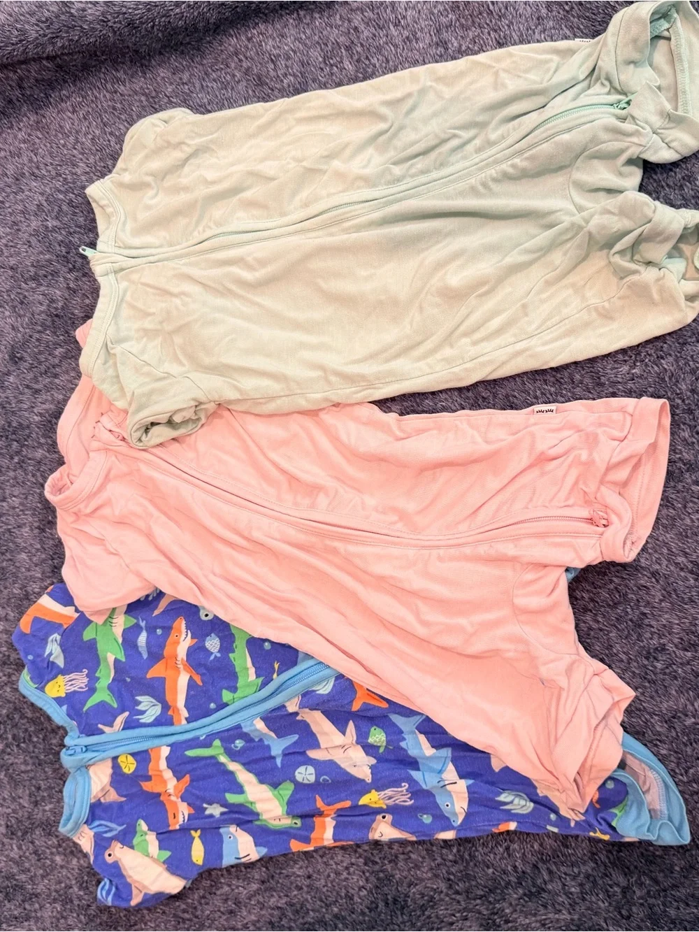 3-Pack Little Sleepies Baby Zip Rompers - Mint, Peach & Shark Print