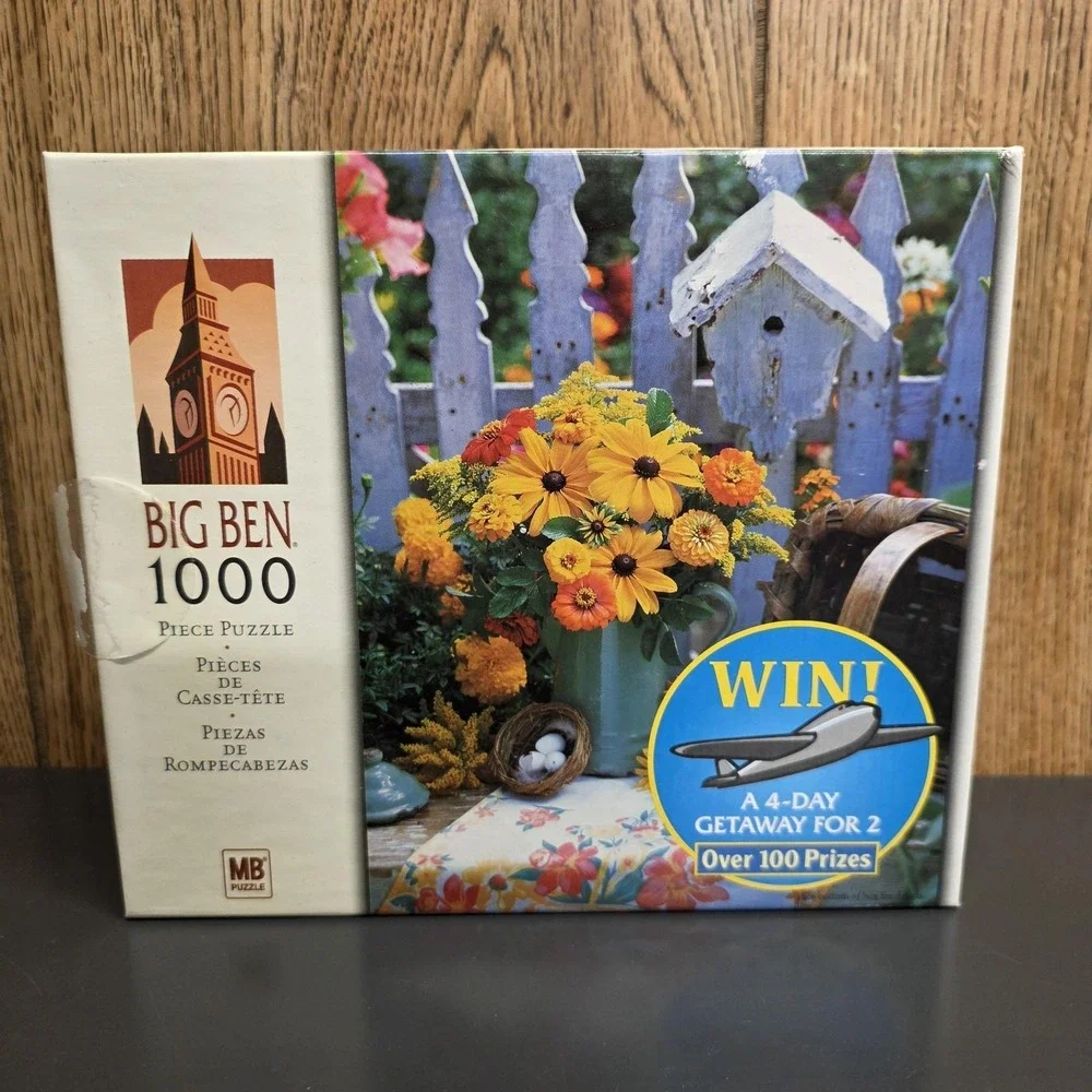 Milton Bradley Big Ben Bouquet Of Flowers 1000 Piece Puzzle USA Garden Scene