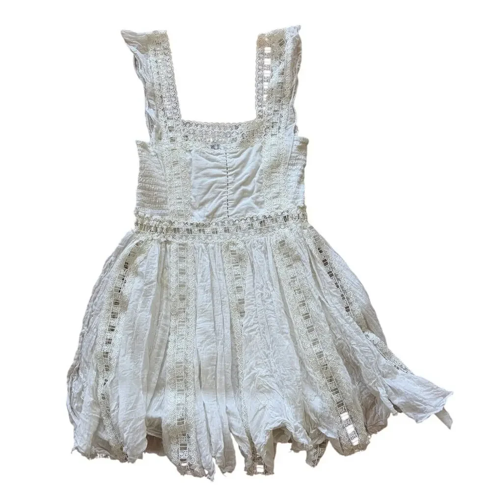 Free People White Raw Hem Fairy Lace Square Neck Mini Dress Cottage Whimsygoth