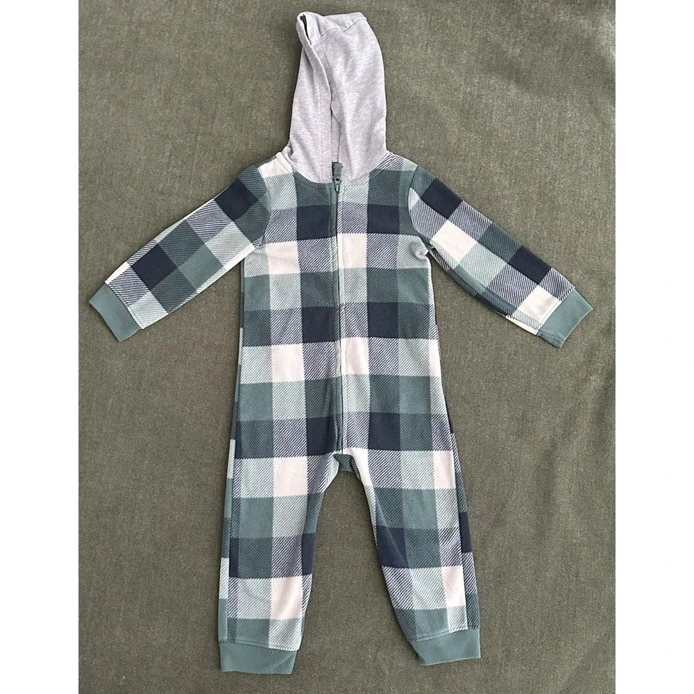 Carter's Plaid Fleece Hooded One Piece Sleepwear Green Blue Gray 24 Months