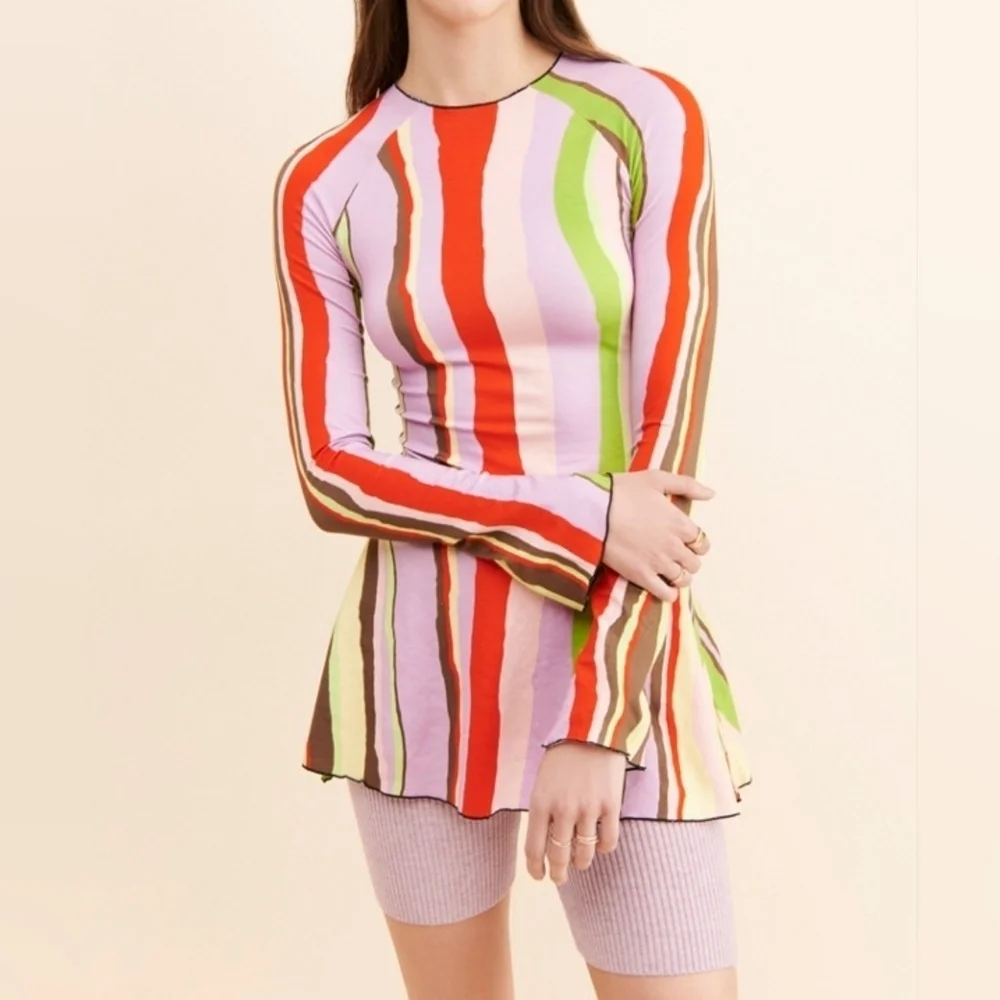 Arthur Apparel x Free People Size 2  Skins Flared Tunic, Red Purple Green Stripe