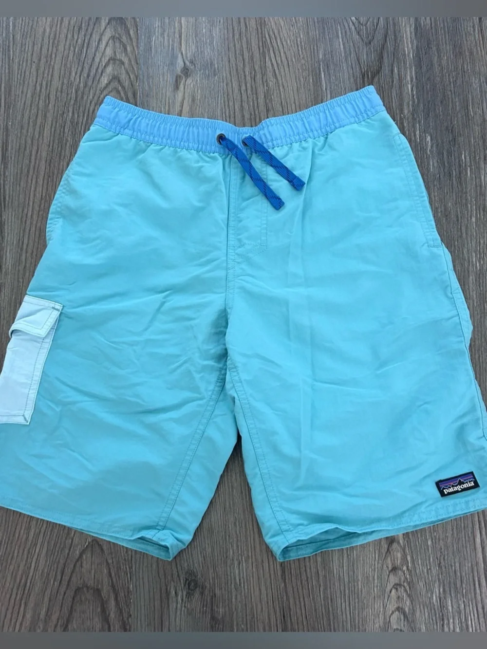 Patagonia Boys Light Aqua Blue Swim Trunks with Blue Drawstring