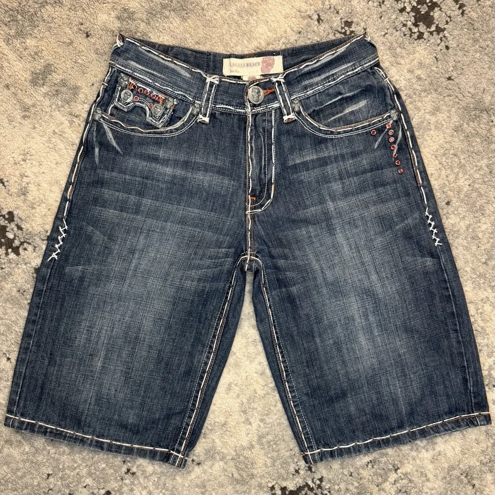 Y2K Laguna Beach Shorts 32 Fleur De Lis Embroidered Denim 2000s Rare