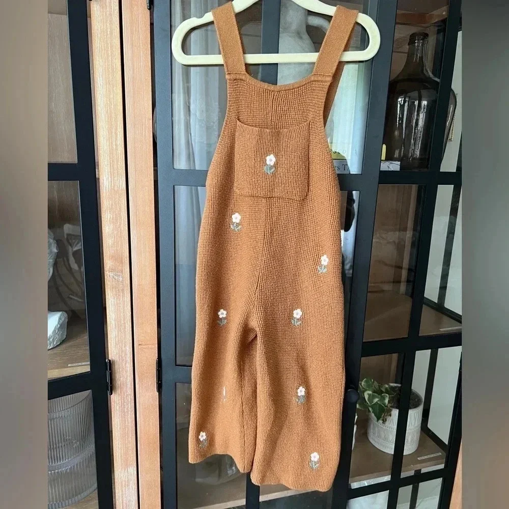 Zara Kids knit overalls embroidered boho toddler baby girl soft jumpsuit pocket