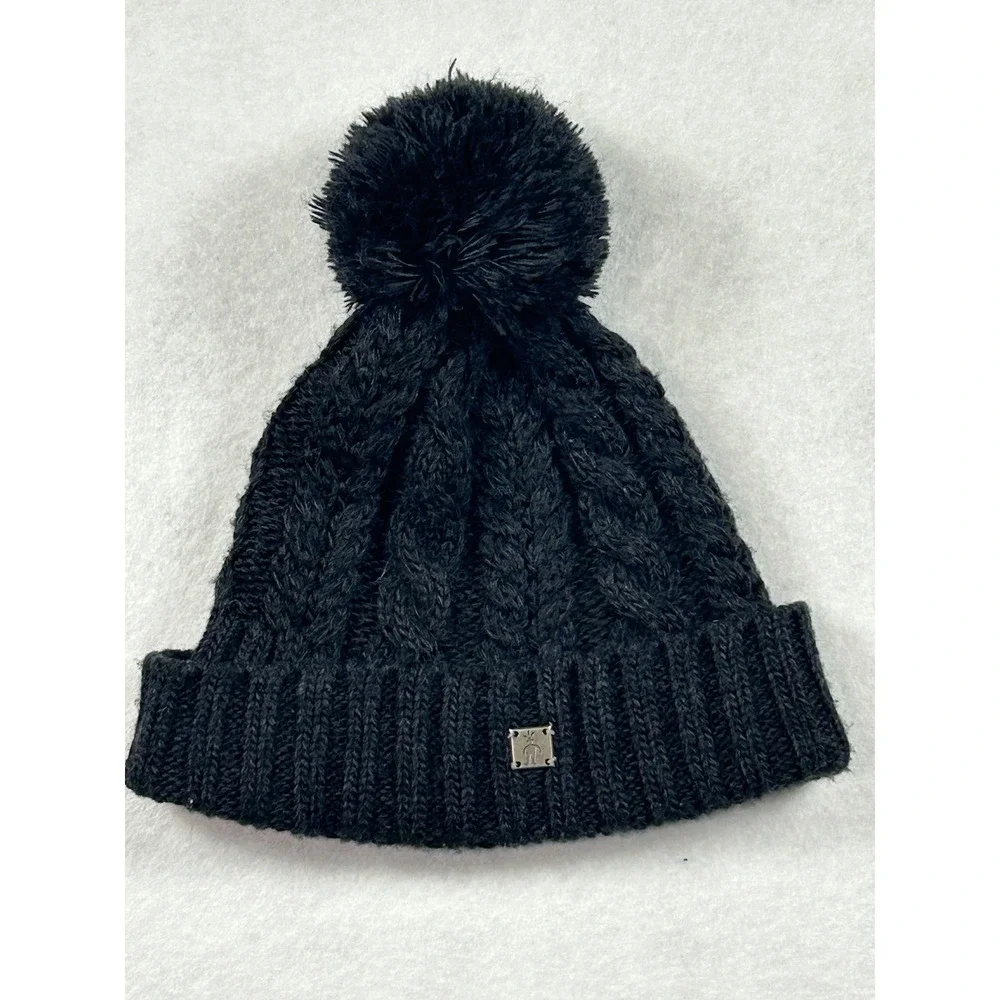 Smartwool Womens Black Cable Knit Merino Wool Blend Pom Pom Beanie Hat
