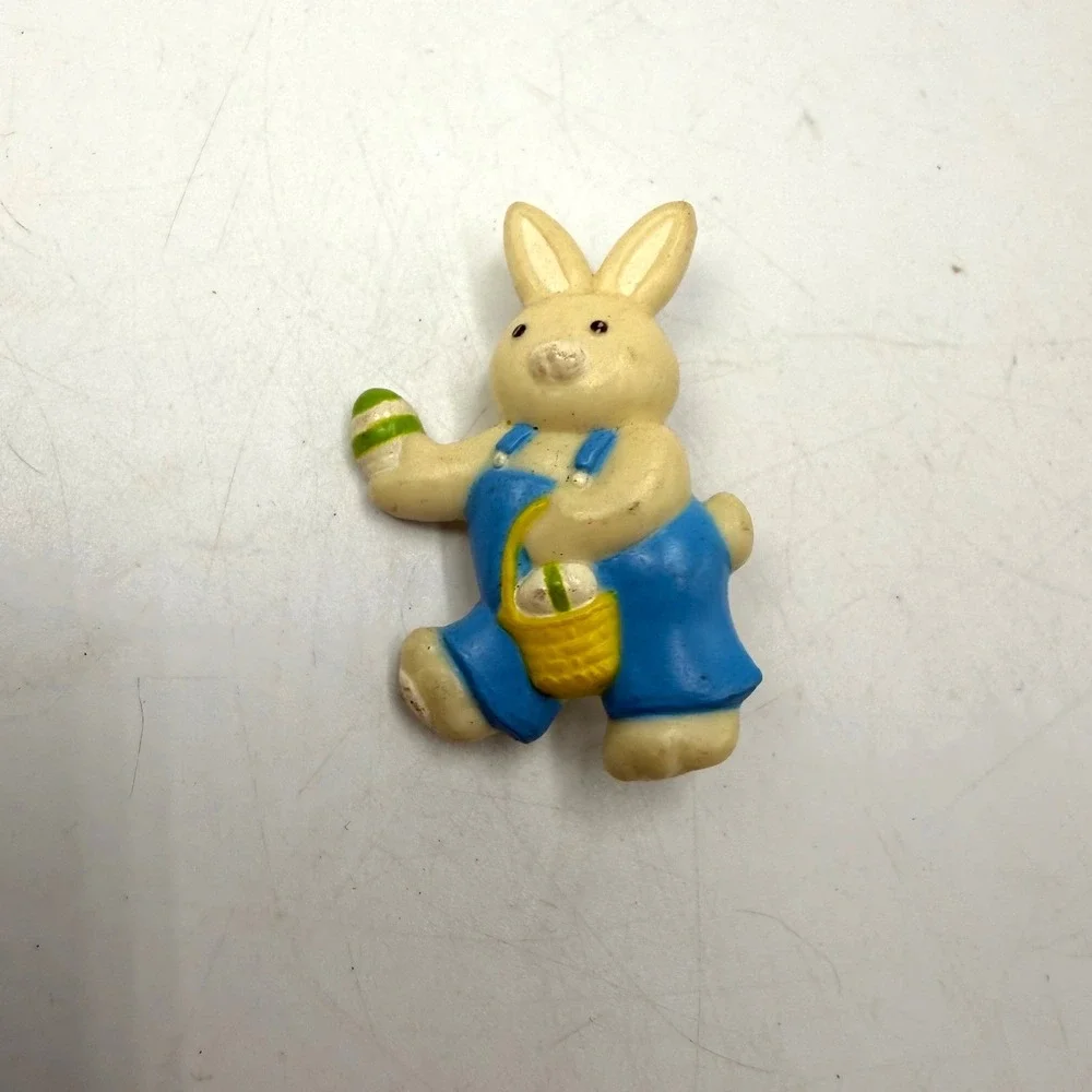 Vintage Gibson Greetings Easter Bunny Brooch Blue Overalls Plastic Holiday Pin
