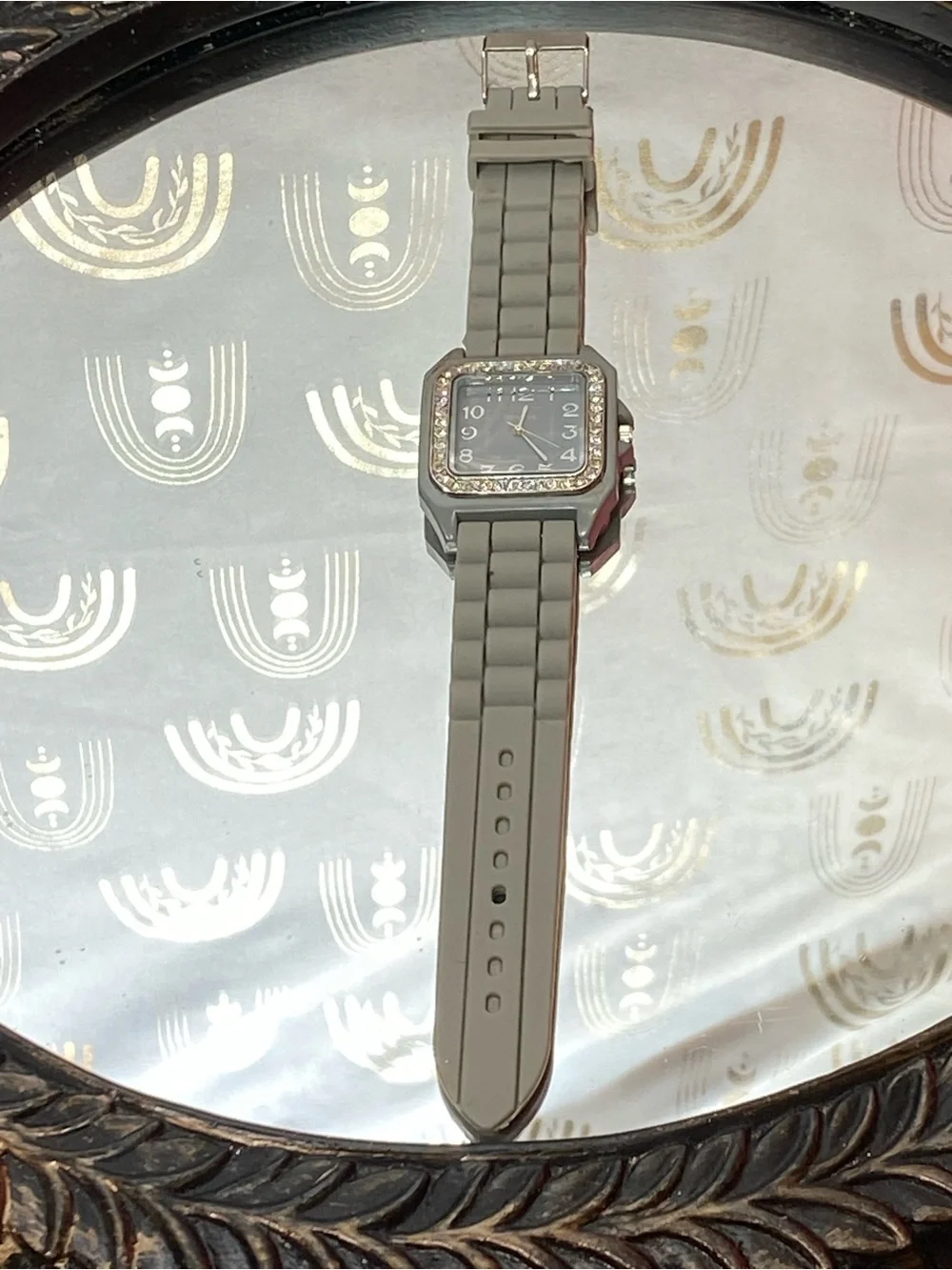 Geneva Gray Silicone Strap Watch with Crystal-Trim Square Dial