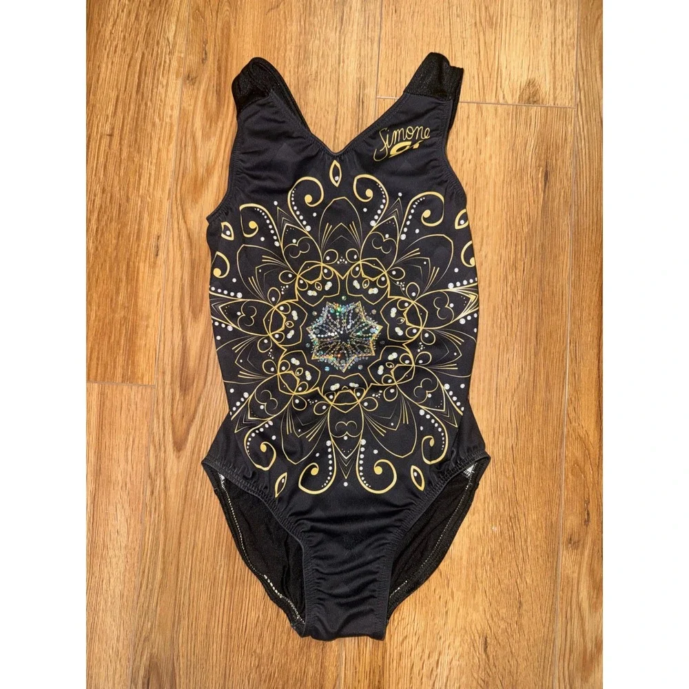 GK Elite Simone Biles Gymnastics Leotard Black Gold Mandala Rhinestone Kids CM