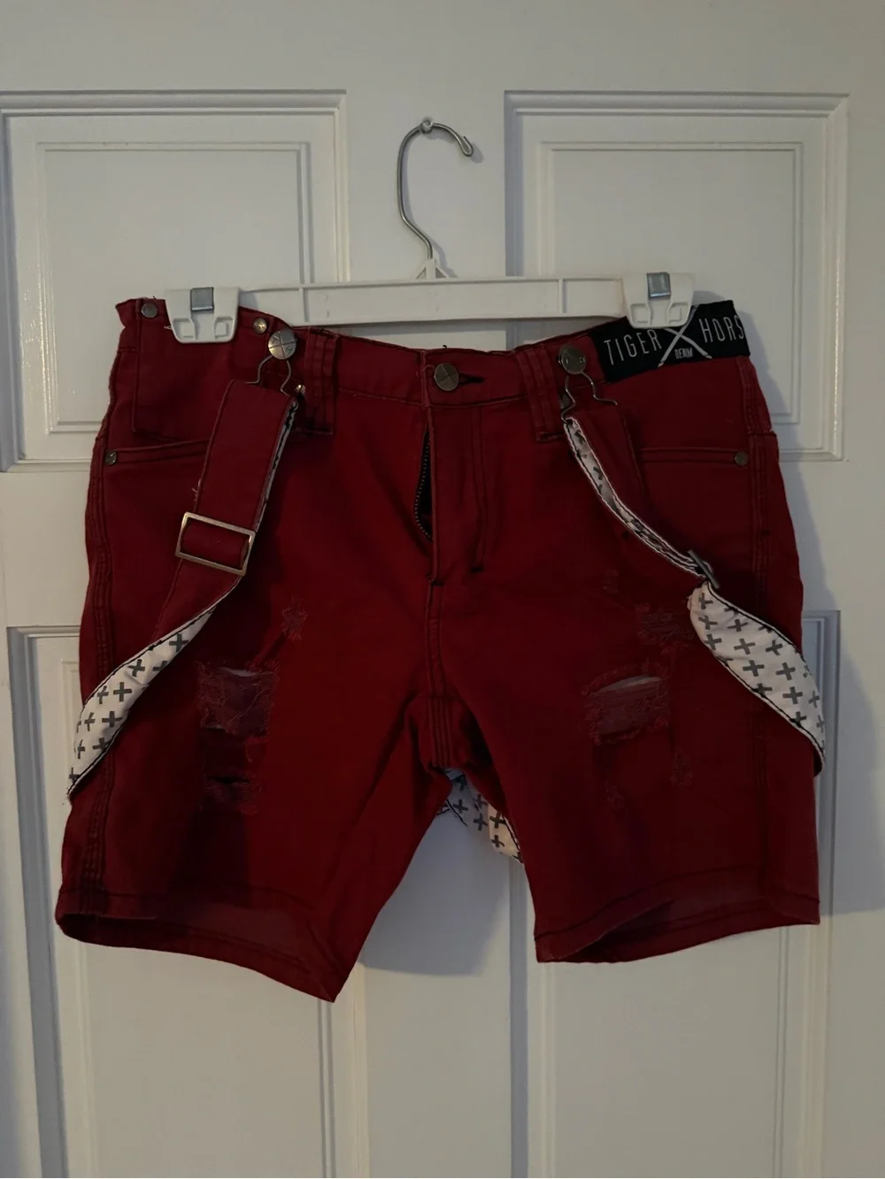 Tiger Horse Red Distressed Men’s Shorts with Accent Suspenders