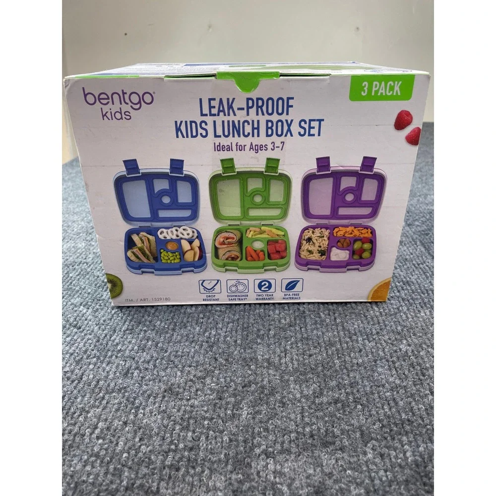 Bentgo Kids Leak-Proof 5-Compartment Lunch Box Set 3 Pack Blue Green Purple NEW