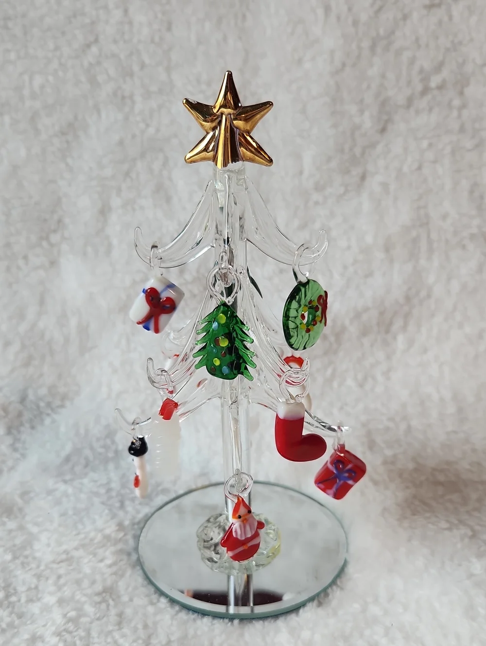 Vintage Crystal Glass Christmas Holiday Tree w Gold Star Topper & Ornaments