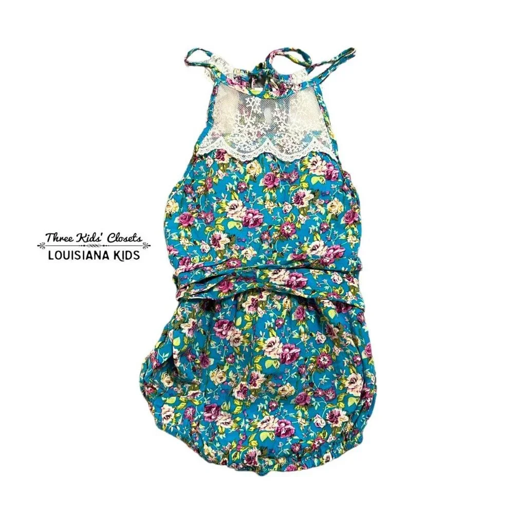Ju Ju Sz 2 Bold Floral & Lace Halter Bubble Romper