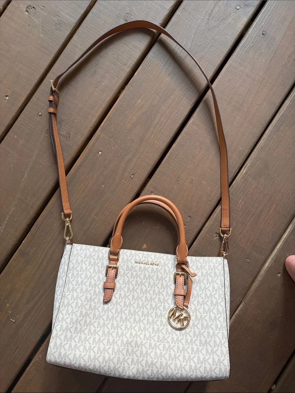 Michael Kors Cream & Tan Logo Satchel with Gold Hardware