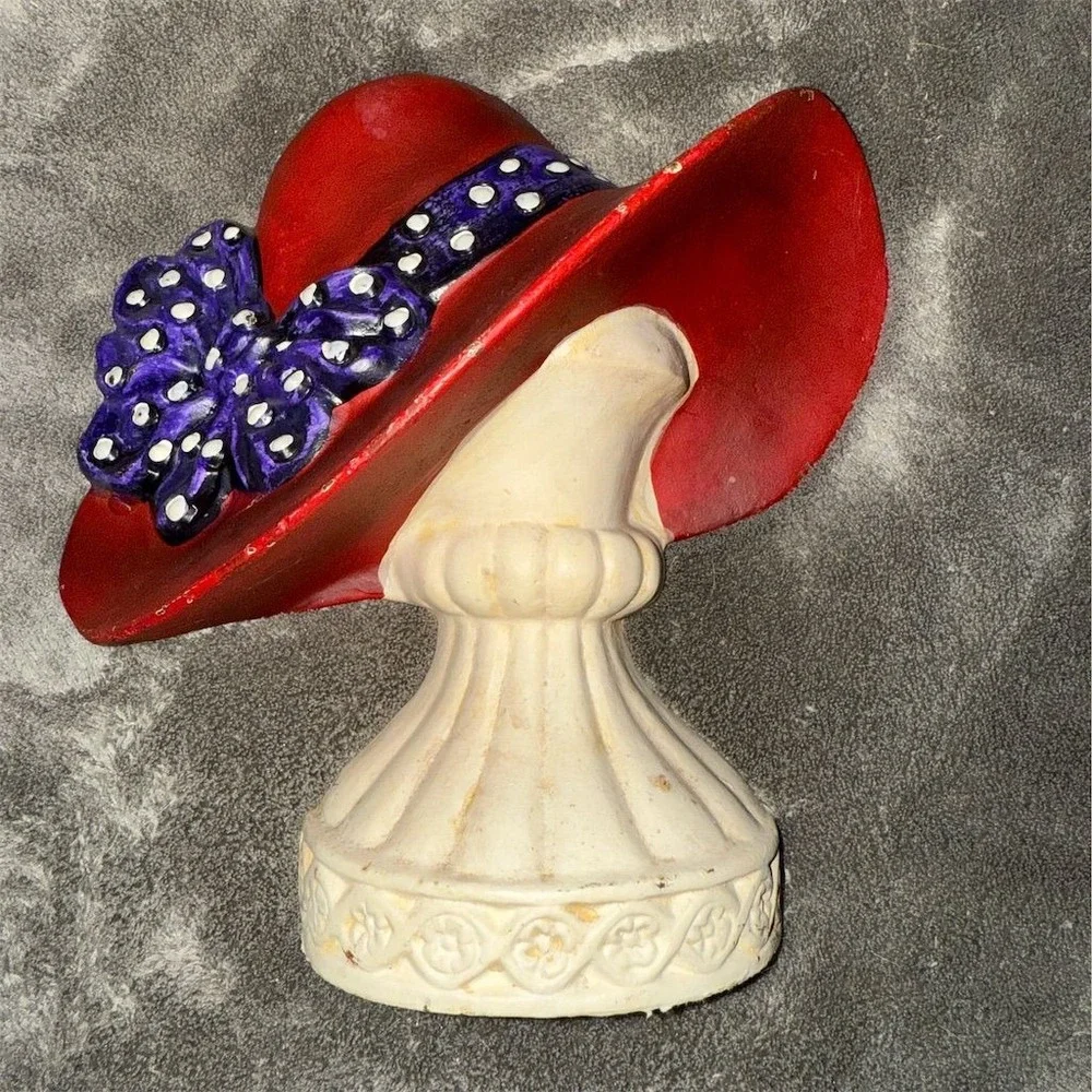 Vintage Red Hat society Cast Iron Doorstop with Purple Polka Dot Bow‎