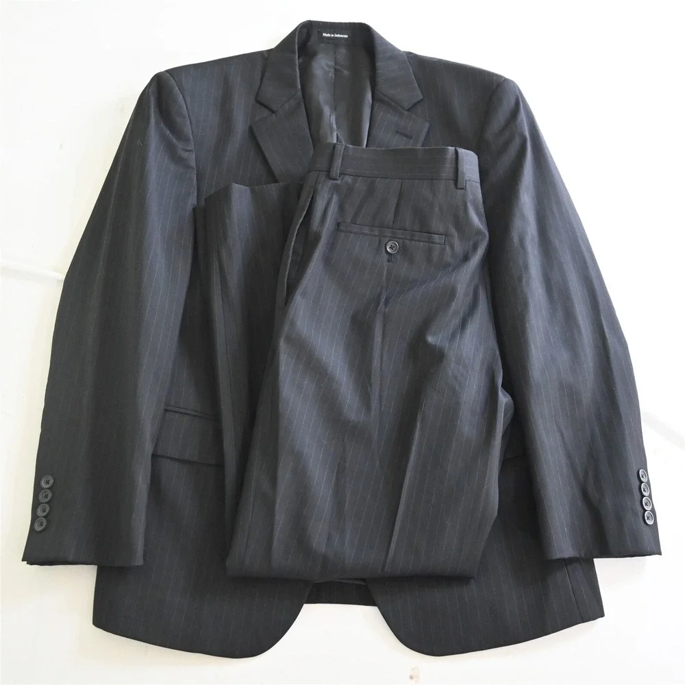 Pronto Uomo Platinum 40S 33x29 Black Striped 100% Wool Mens Jacket Pants‎ Suit