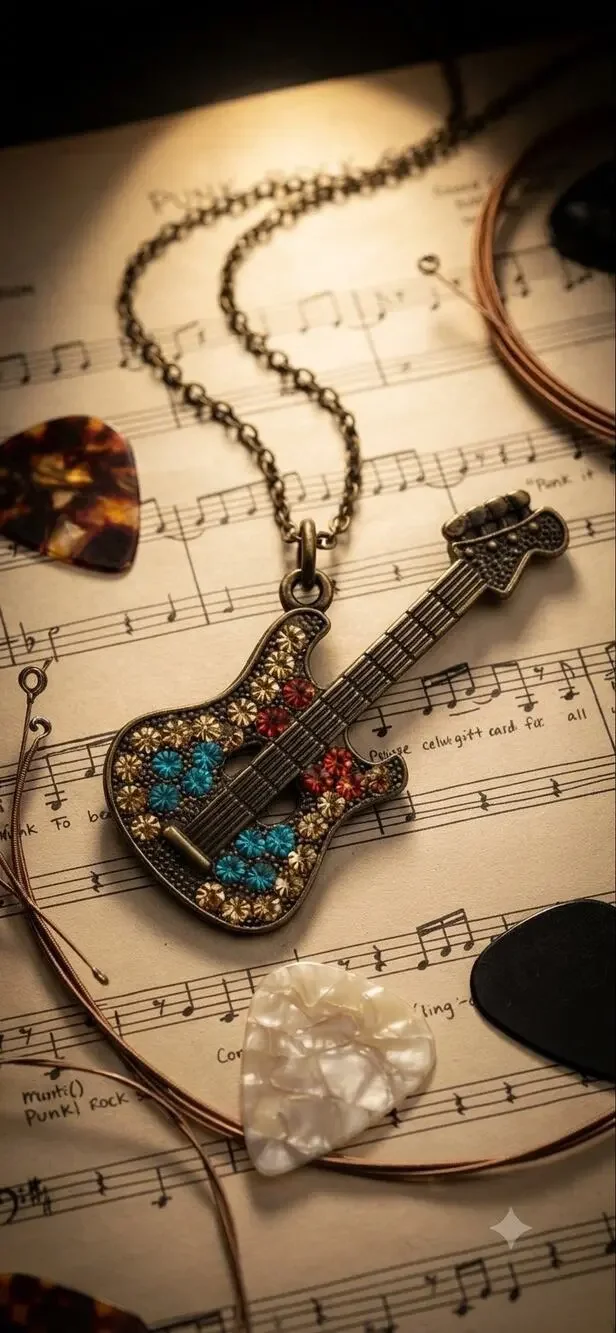 Antique Bronze Multi-Colored Rhinestone Guitar Necklace