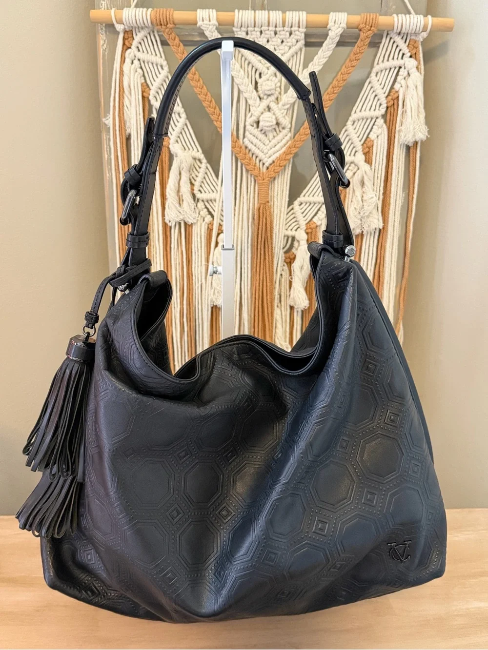 Vince Camuto Signature Black Embossed Leather Hobo Bag with Removable Tassels