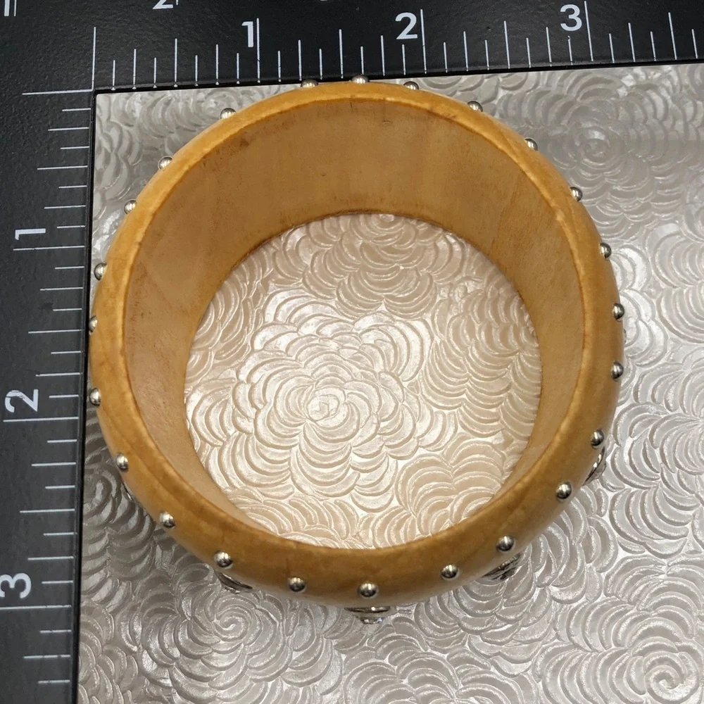 🌼 Light Wood Wide Rhinestone Studded Thick Bangle Bracelet
