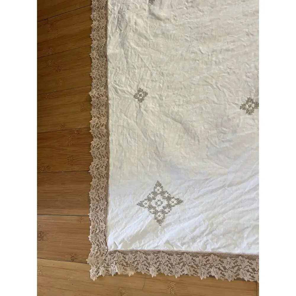 Vintage White Embroidered Cross Stitch 100% Linen Tablecloth 76x64 - Read Flawed