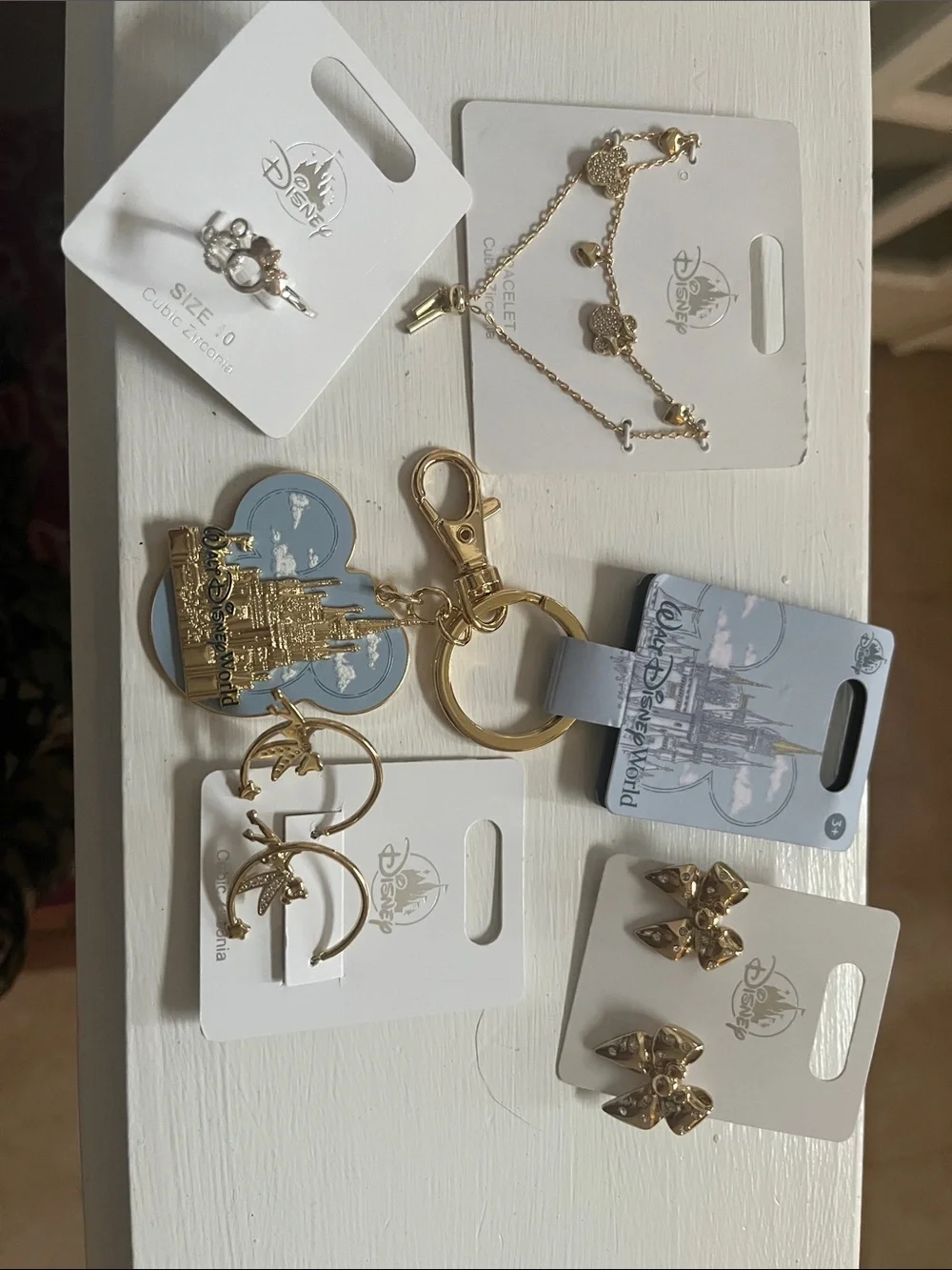 Disney Gold and Blue Castle Keychain with Coordinating Gold Jewelry Set. NEW