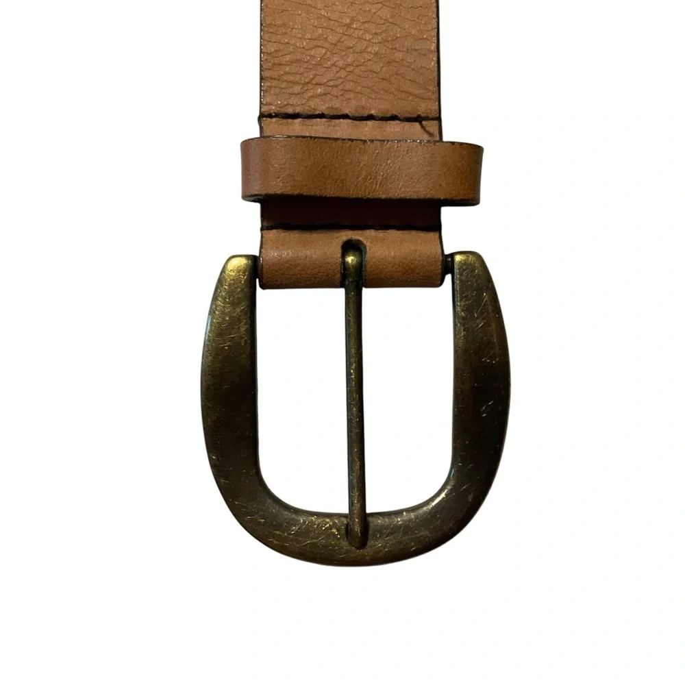 vtg Retro LEATHER Belt OS Adjustable Braid Trim Tan Brown