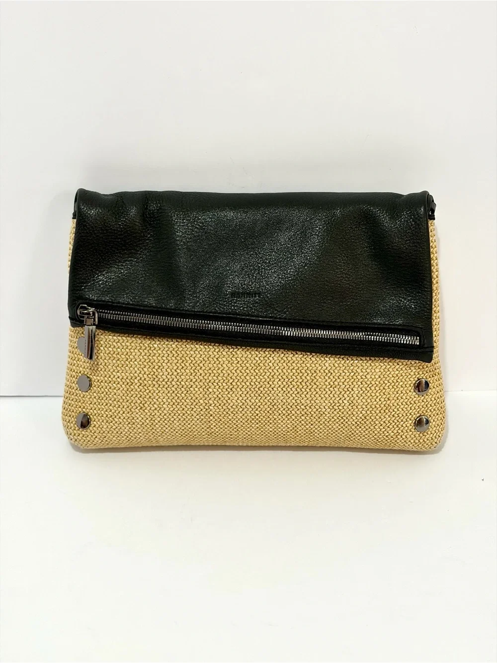 HAMMITT VIP Large Crossbody Bag In Black Leather And Chaparral Raffia/Gunmetal