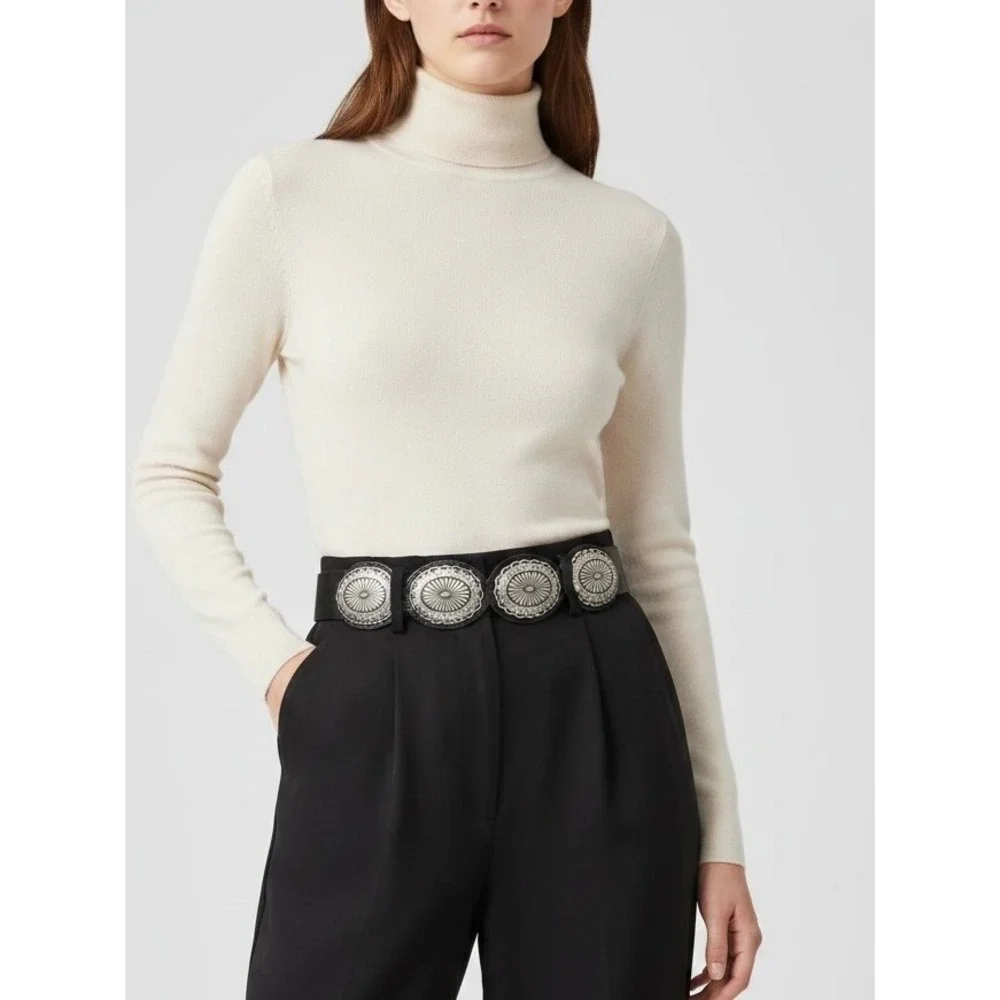 Chicos leather belt with silver concho Size S black stretch boho statement wide