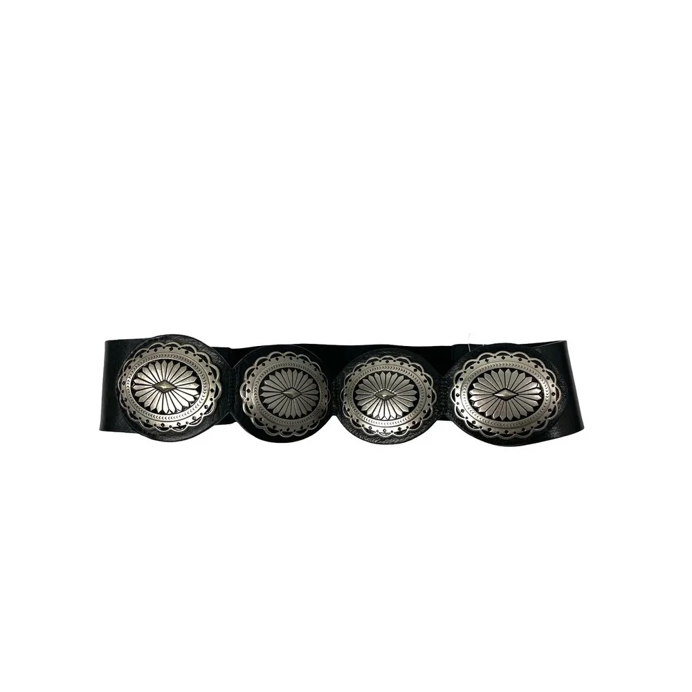 Chicos leather belt with silver concho Size S black stretch boho statement wide