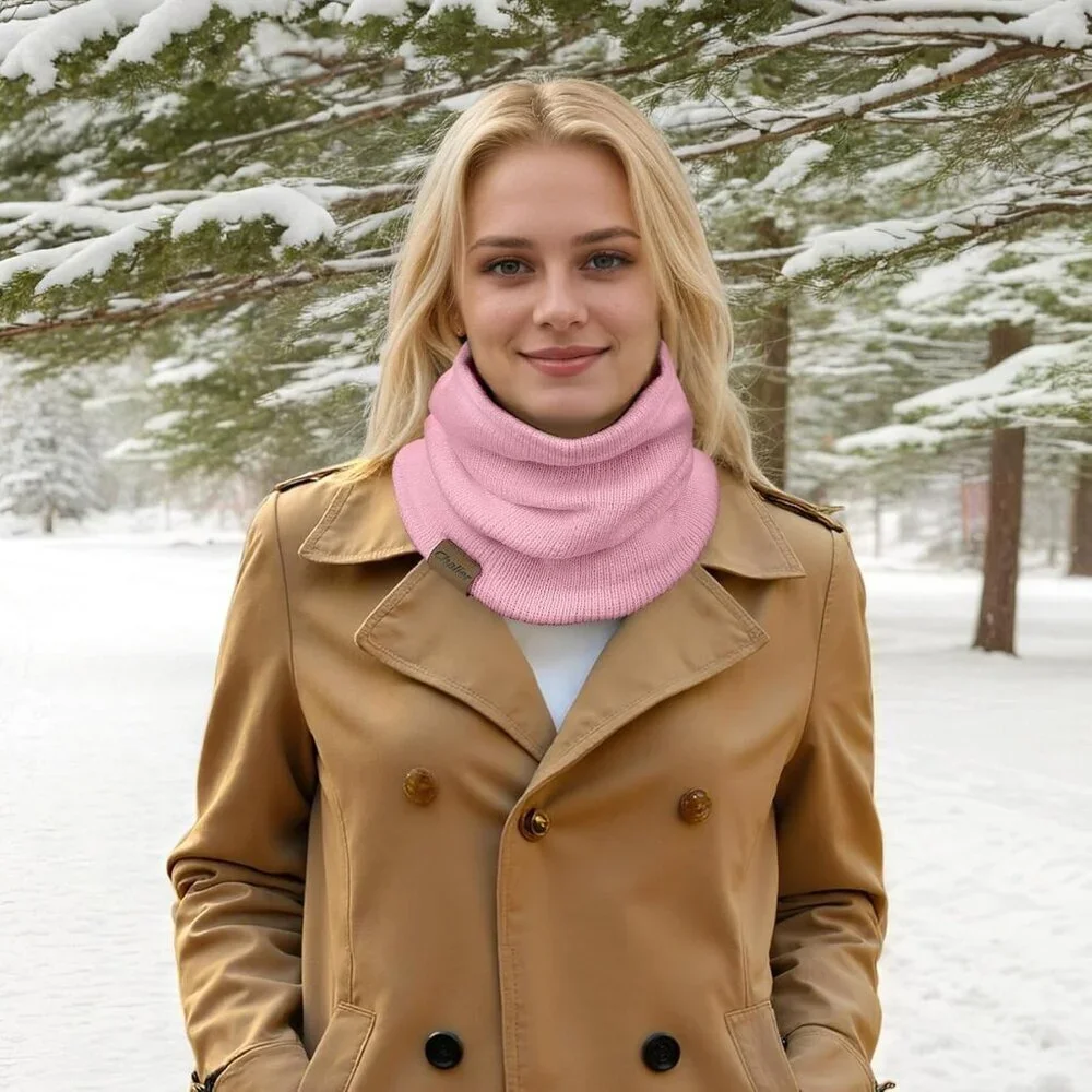 Women's Sky Pink Scarf Winter Double-Layer Neck Warmer Knit Fleece Lined Circle