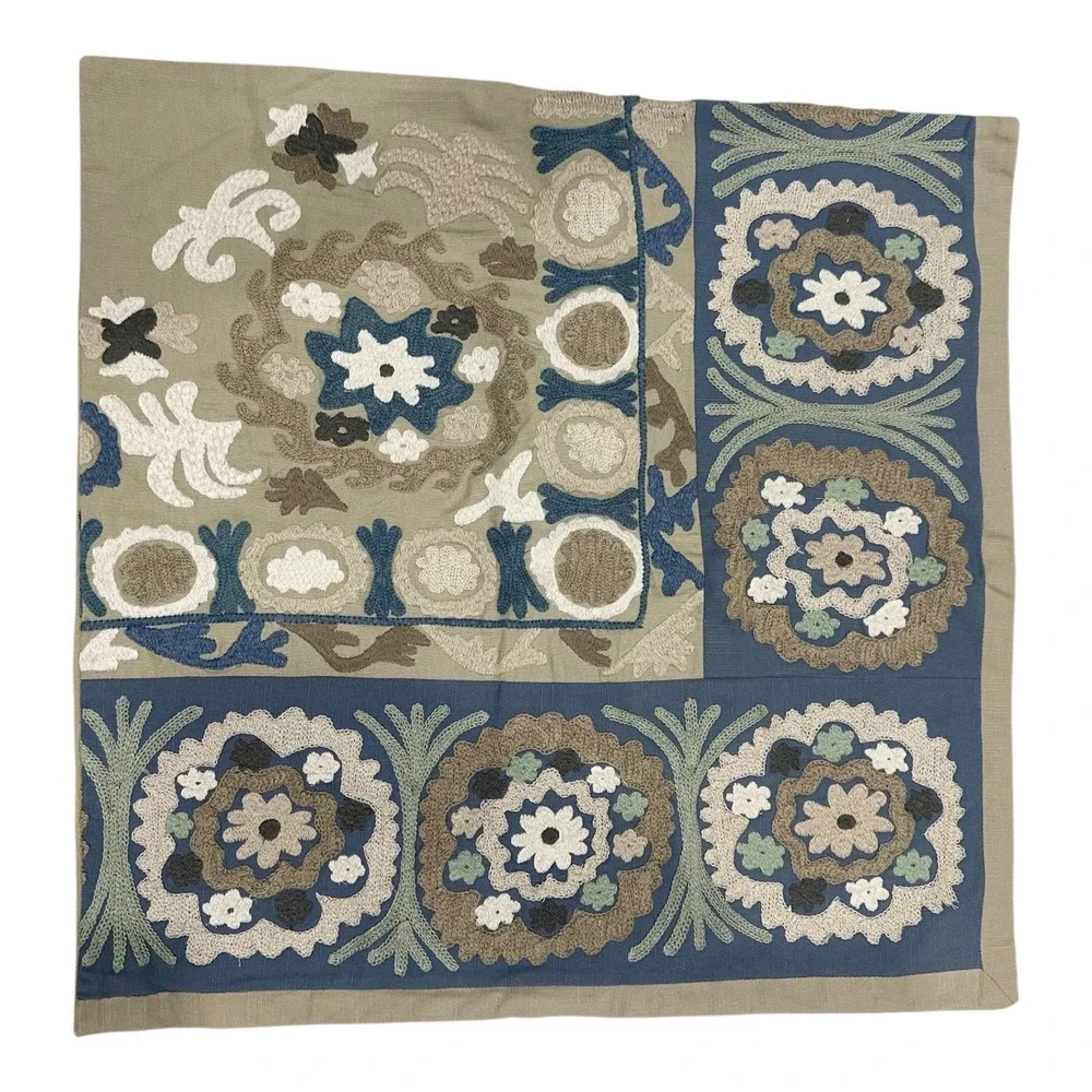 Pottery Barn Embroidered Azra Floral Suzani Pillow Cover 24x24 Blue Tan Cotton