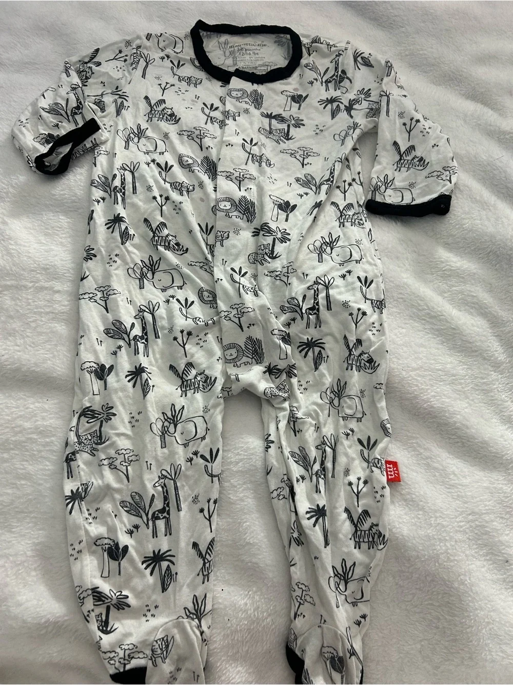Magnetic Me White Footed One-Piece with Black Safari Print Sz 12-18m