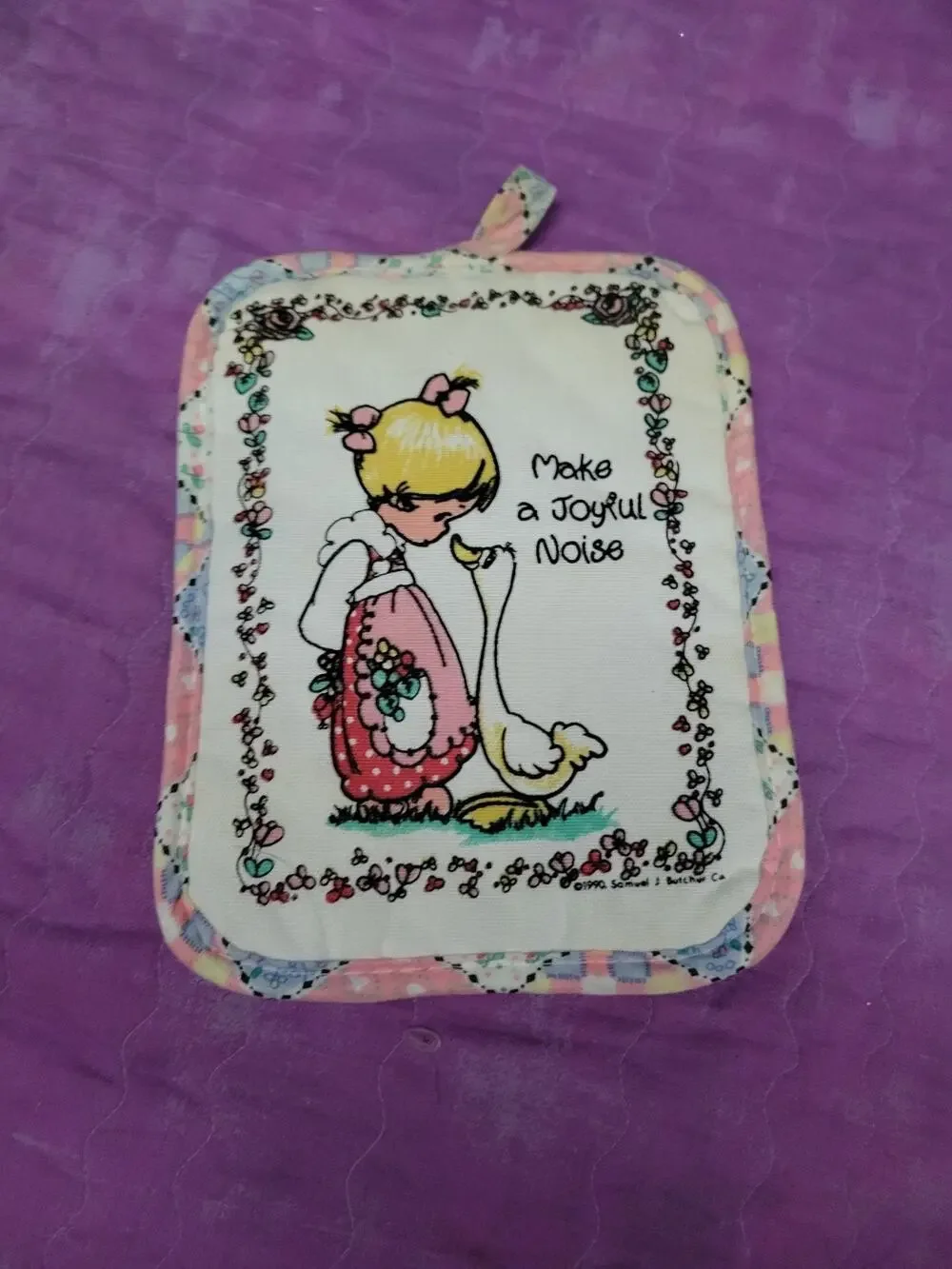 Precious Moments Pot Holder Girl Goose Pastel Patchwork Backing Kitchen VTG 1990