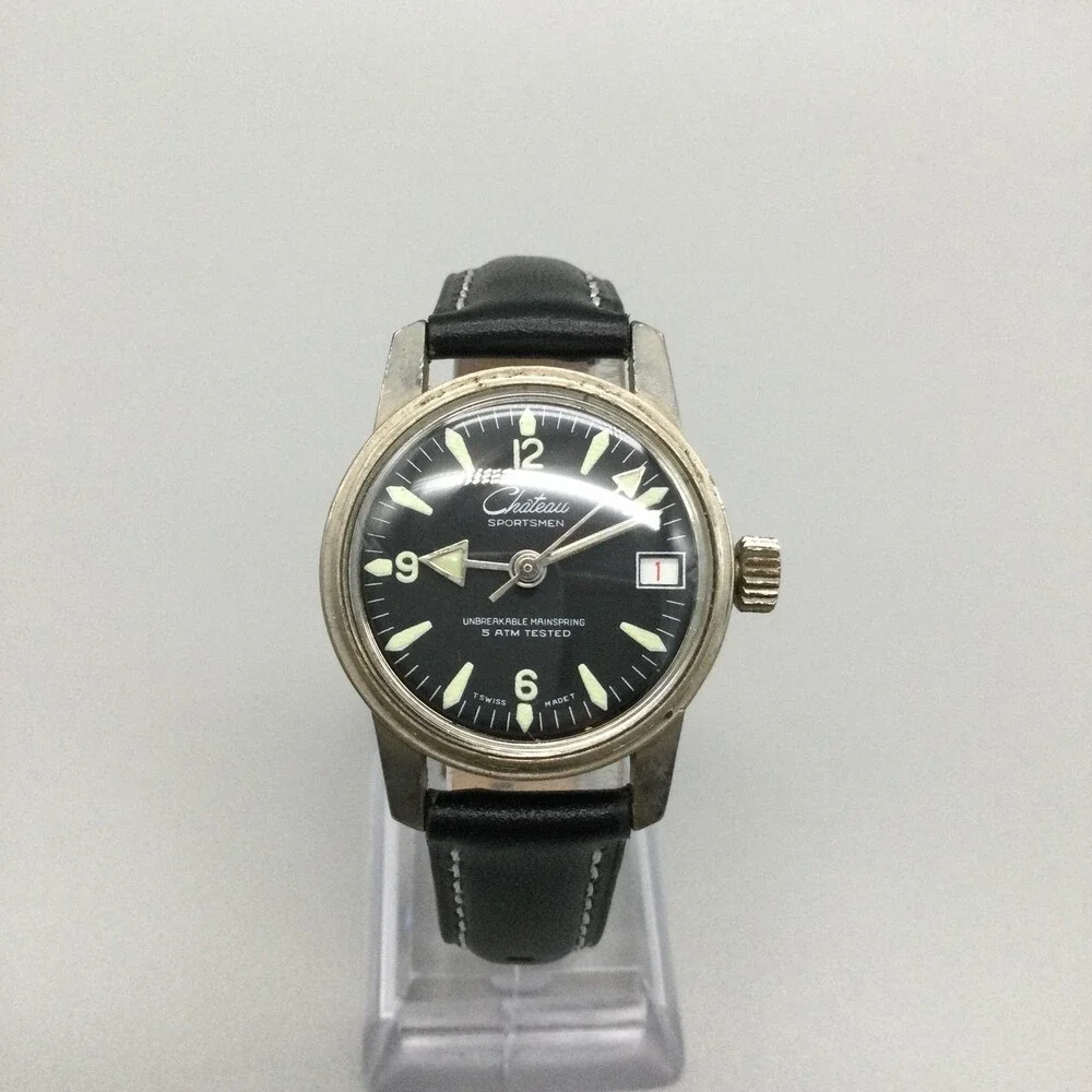 Vintage Chateau Sportsman Mens Watch 30mm Black Dial Manual Date Swiss Leather