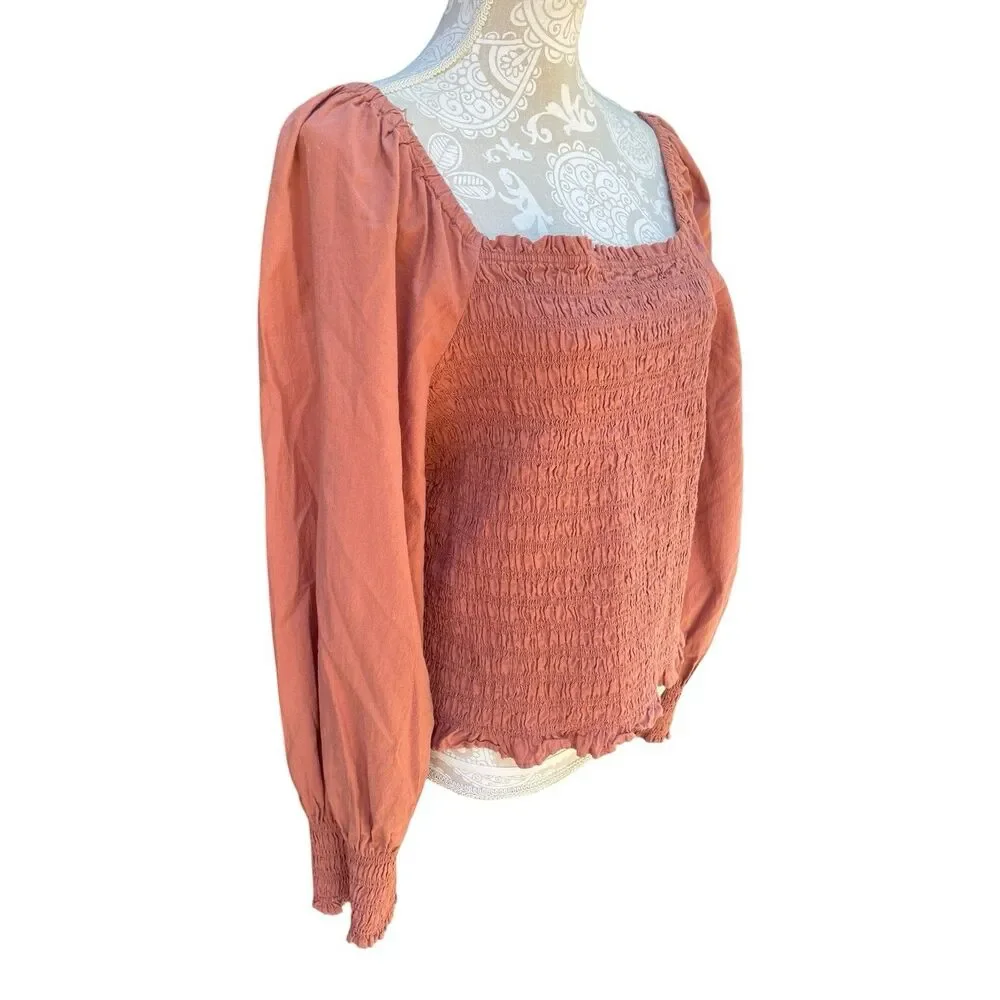 Cottagecore Boho Smocked Bubble Sleeve Top Madewell Lucie Warm Umber M