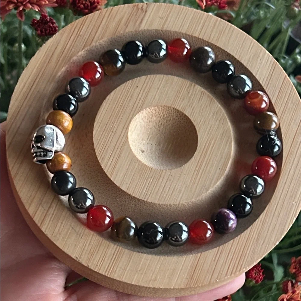 Handmade Carnelian + Black Obsidian Beaded Skull Bracelet*