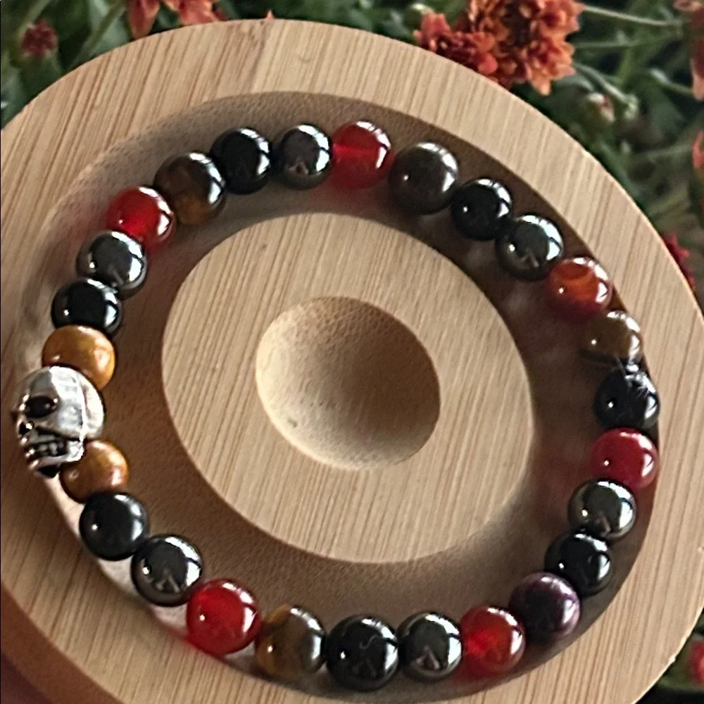Handmade Carnelian + Black Obsidian Beaded Skull Bracelet*