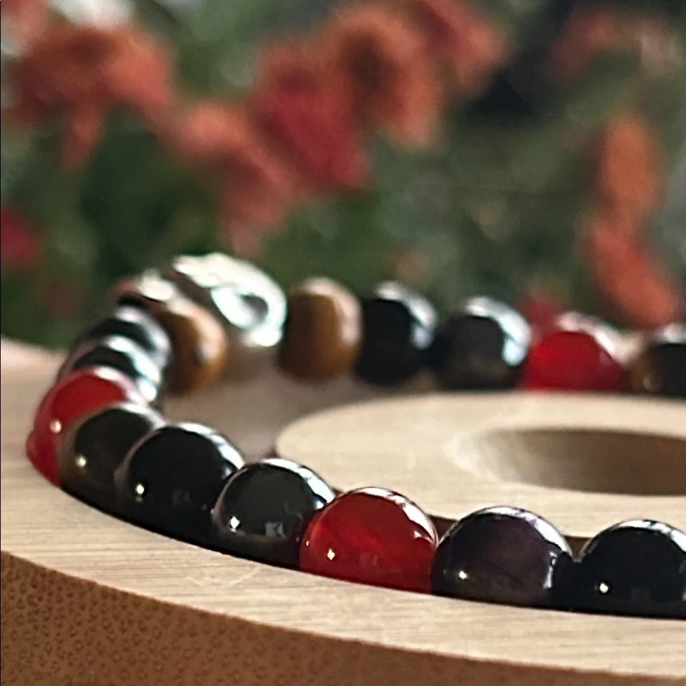 Handmade Carnelian + Black Obsidian Beaded Skull Bracelet*