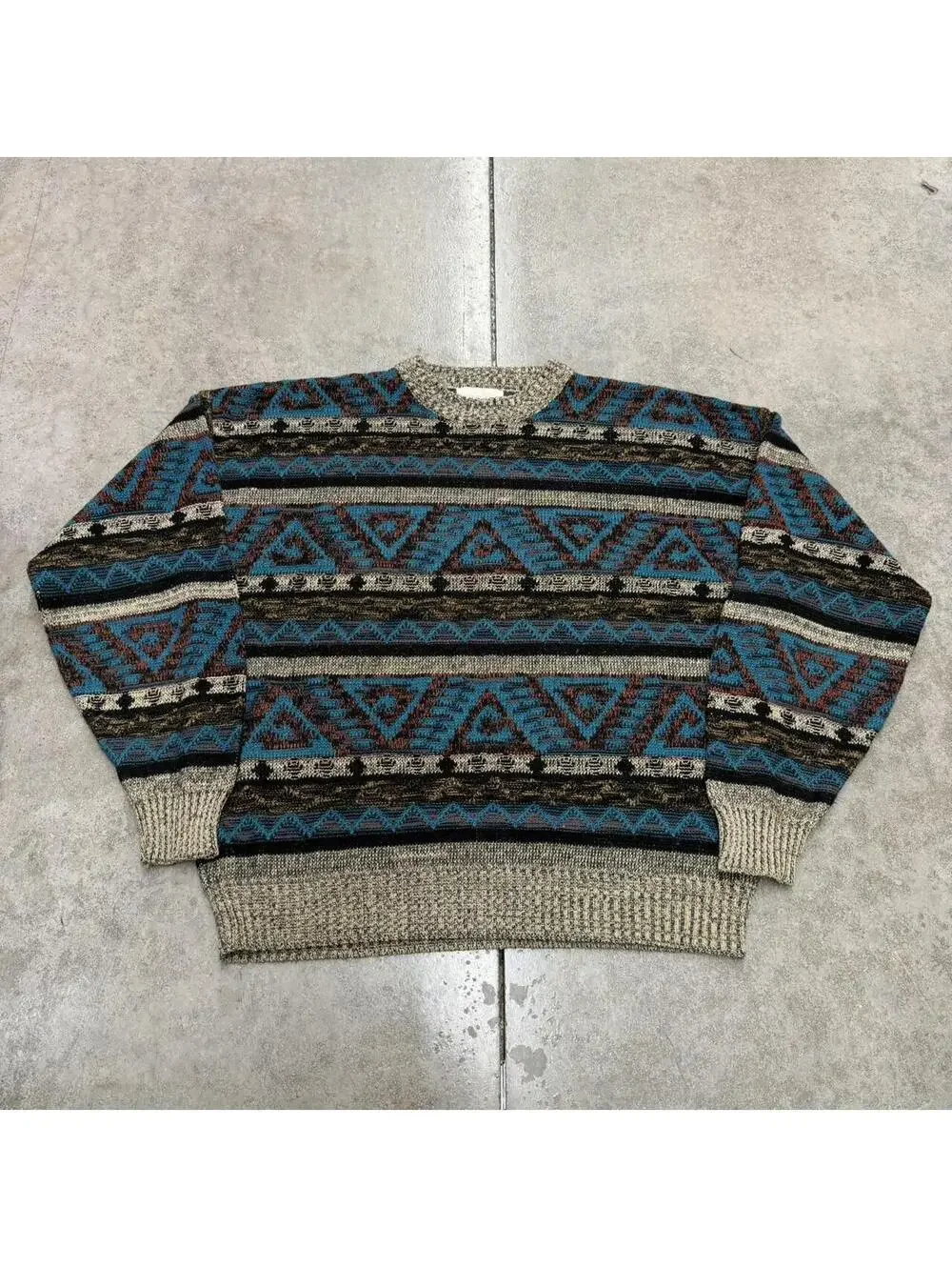 vintage beige blue and orange striped triangle knit sweater size xl
