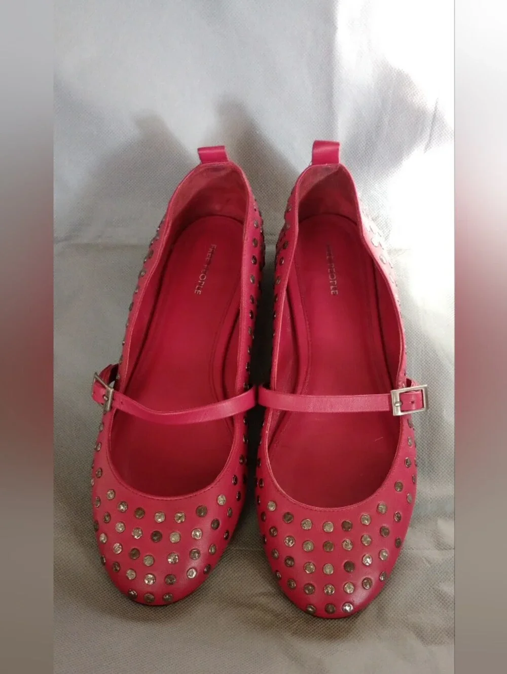Free People Twiggy Red Leather Studded Mary Jane Ballet Flats Sz 11