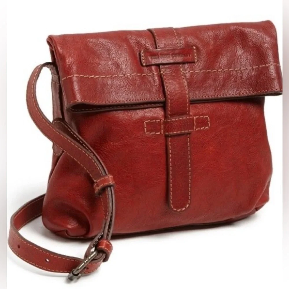 FRYE Artisan Red Leather Fold Over Crossbody Bag Purse