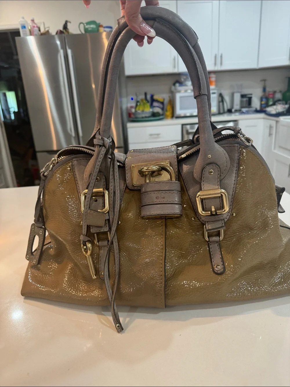 Chloe Olive and Taupe Patent Leather Satchel