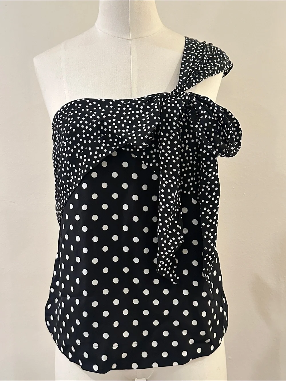 J. Crew Black & White Polka Dot One-Shoulder Bow Top