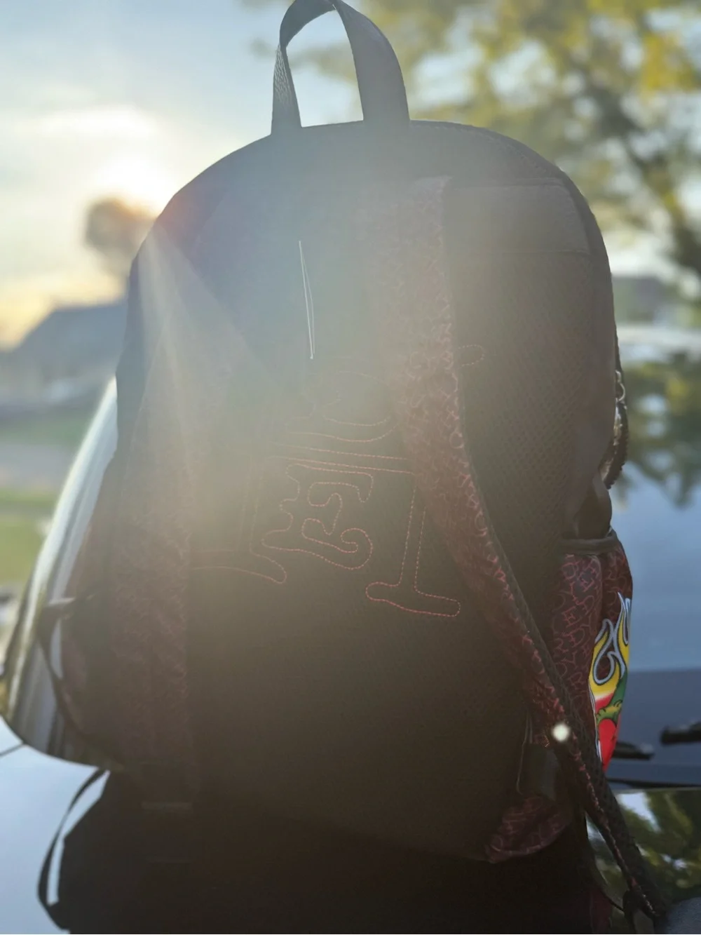Ed Hardy Black & Red Floral 'True Death' Logo Backpack UNISEX